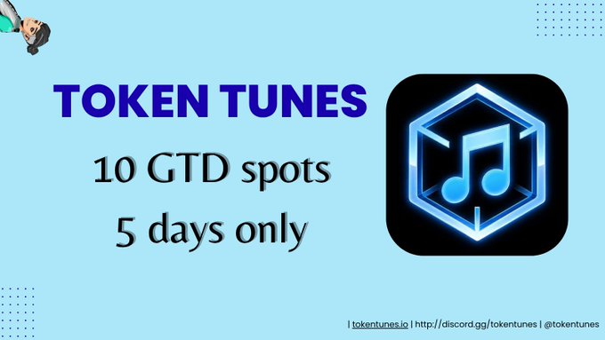 Promotional graphic for 'TOKEN TUNES' advertising '10 GTD spots' available for '5 days only,' with a hexagonal music note logo and links to tokentunes.io.