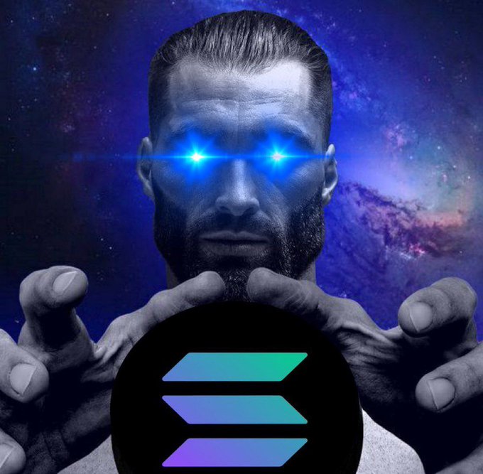 A muscular man with glowing blue eyes holds the Solana logo (three stacked parallelograms) against a cosmic background, visually representing the "SOLANA GIGA CYCLE" hype as a powerful, unstoppable force in the crypto market.