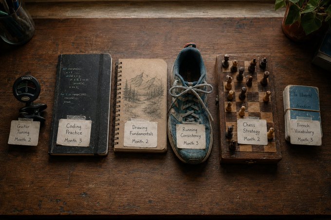 A flat-lay photograph displays hobby tracking items on a wooden surface: a guitar tuner, coding journal, sketchbook, running shoe, chess set, and French vocabulary cards, each labeled with handwritten tags indicating the month of practice.