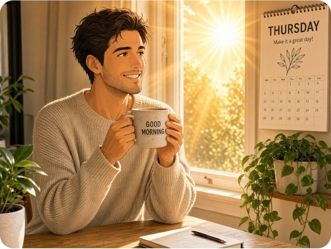 An illustrated scene of a smiling man in a cream sweater holding a "GOOD MORNING" mug by a sunlit window, with a calendar showing "THURSDAY - Make it a great day!" and potted plants nearby.