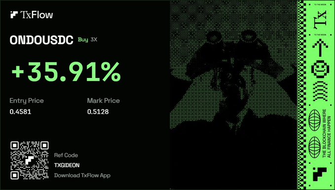 A promotional graphic from TxFlow showing a trading result of ONDOUSDC with a +35.91% gain, listing an entry price of 0.4581 and mark price of 0.5128, with the ref code TXGIDEON.