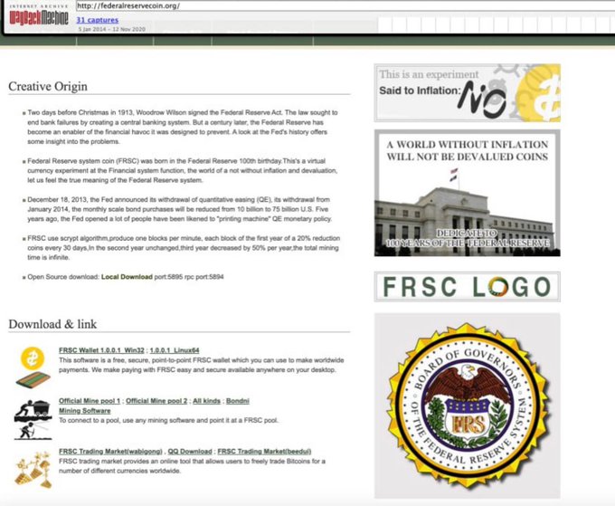 The image shows a webpage from federalreservecoin.org promoting the Federal Reserve System Coin ($FRSC), featuring details about its December 18, 2013 launch by Woodrow Wilson, a 100-year anniversary of the Federal Reserve, and links to downloads for FRSC Wallet, mining pools, and trading markets. The page displays the FRSC logo, an anti-inflation badge reading "A world without inflation will not be devalued coins," and references to President Joe Biden, illustrating the altcoin's satirical premise as one of the early crypto projects Binance's CZ supported.