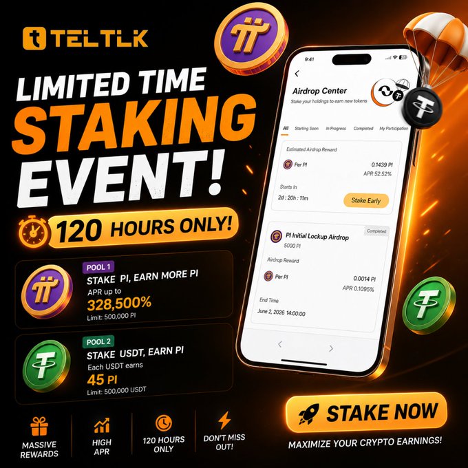 This image is a promotional advertisement for TELTLK's limited-time staking event, highlighting "STAKING EVENT!" and "120 HOURS ONLY!" in bold orange and white text against a black background. It details two pools: Pool 1 offers to "STAKE PI, EARN MORE PI" with APR up to 328,500% and a limit of 500,000 PI, while Pool 2 offers to "STAKE USDT, EARN PI" with 45 PI earned per USDT staked (limit 500,000 USDT), alongside a mockup of the TELTLK app's Airdrop Center. The graphic emphasizes key benefits including "MASSIVE REWARDS," "HIGH APR," and features a prominent "STAKE NOW" call-to-action button.