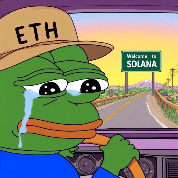 A cartoon Pepe the Frog meme wearing an 'ETH' cap crying while driving toward a 'Welcome to SOLANA' road sign, referencing the rivalry between the two blockchains.
