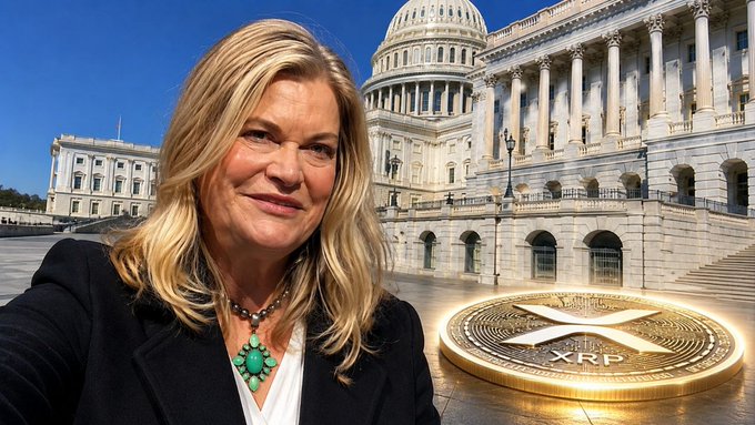 The image features a woman wearing a black jacket, standing in front of a large coin that says "XRD" on it. The woman has blonde hair and is smiling at the camera. In the background, there's a building with columns, which appears to be the U.S. Capitol Building. The caption above the photo reads: "Cynthia Lummis says new crypto tax legislation could finally create a level playing field for digital assets in America."