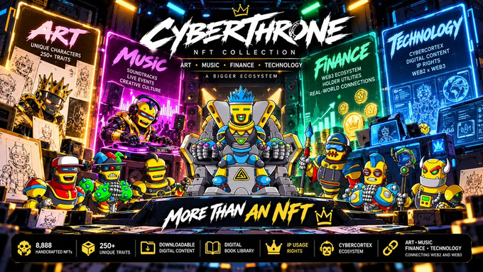 Promotional banner for 'CYBERTHRONE NFT COLLECTION' featuring various cyberpunk-style characters with categories Art, Music, Finance, and Technology, including 8,888 handcrafted NFTs.
