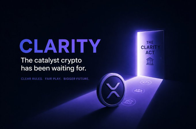 A promotional image for the 'CLARITY ACT' with the tagline 'The catalyst crypto has been waiting for. CLEAR RULES. FAIR PLAY. BIGGER FUTURE.', featuring an XRP coin next to an illuminated document.