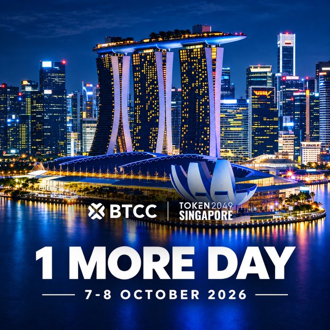 Promotional graphic for BTCC TOKEN2049 SINGAPORE showing the illuminated Marina Bay Sands and ArtScience Museum at night, with text '1 MORE DAY - 7-8 OCTOBER 2026'.