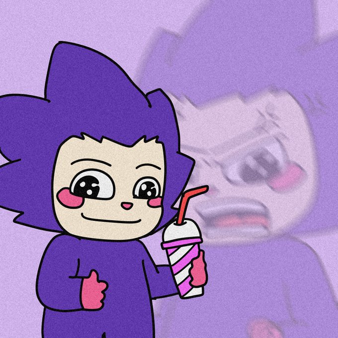 A cheerful purple cartoon cat-like character with big sparkling eyes gives a thumbs up while holding a pink and white striped drink cup, while an exaggerated distorted, sweating version of the same character appears faded in the background, conveying overwhelming excitement. The image humorously illustrates the post's bullish enthusiasm about giving away 10 Chog NFTs to holders.