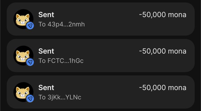 An image shows three transaction entries, each marked "Sent" with "-50,000 mona," sent to different Solana addresses (43p4...2nmh, FCTC...1hGc, 3jKk...YLNc).

The image appears to display airdrop transactions, fitting the post's promotion of free token airdrops to users who share their SOL addresses.