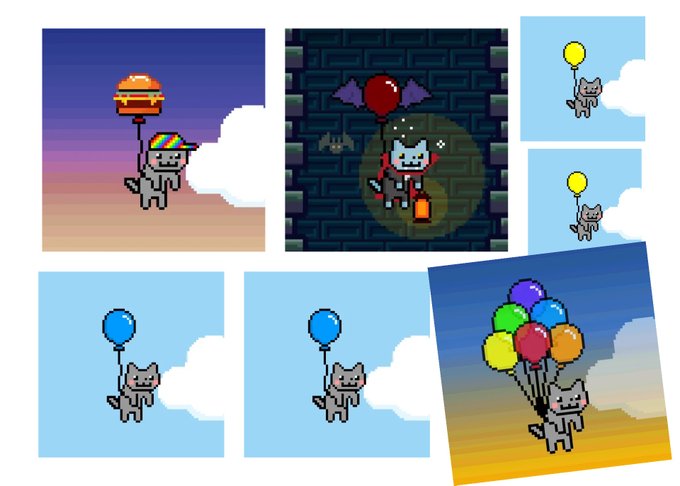 A collage of pixel art cats with various balloons and hats, including cheeseburger and rainbow variations, referencing the Nyan Cat meme and a quest to complete a 31-piece set.