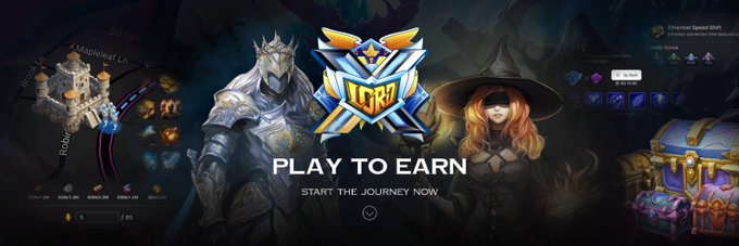 Promotional banner for the game 'LORDS' featuring a knight and witch character with the text 'PLAY TO EARN' and 'START THE JOURNEY NOW' over a fantasy map interface.