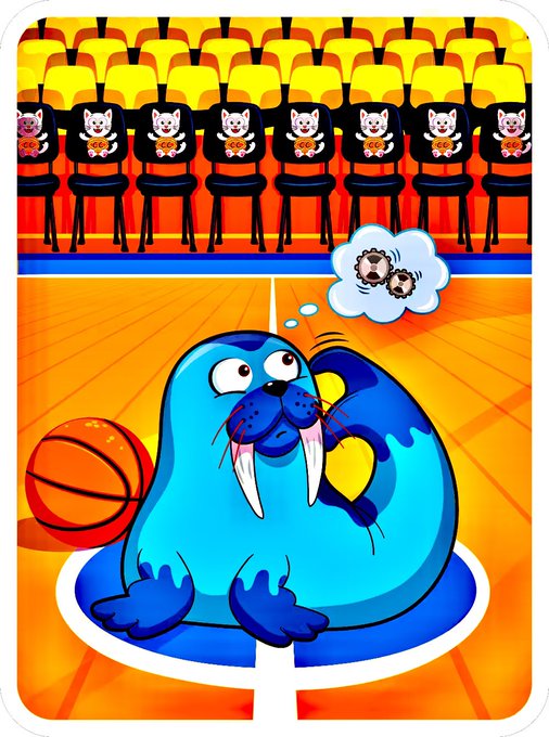 A cartoon blue walrus sitting on a basketball court next to a basketball, dreaming of puppies, with a row of identical cat-like creatures wearing orange jerseys sitting in the background bleachers.