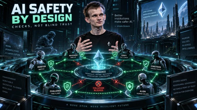An AI-generated infographic titled 'AI SAFETY BY DESIGN: CHECKS, NOT BLIND TRUST' featuring a figure (likely Vitalik Buterin) at the top with a quote about better institutions making safer AI, surrounded by a circular governance diagram with interconnected nodes labeled 'MONITOR', 'ANALYZE', 'FACT-CHECK', 'CONSTRAIN', 'ALIGN', 'CHALLENGE', and 'COLLUSION BLOCKER'.