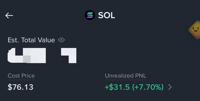 A screenshot of a crypto portfolio showing SOL (Solana) holdings with an estimated total value (redacted), a cost price of $76.13, and an unrealized profit of +$31.5 (+7.70%), illustrating the post's excitement about Solana's recent price pump.