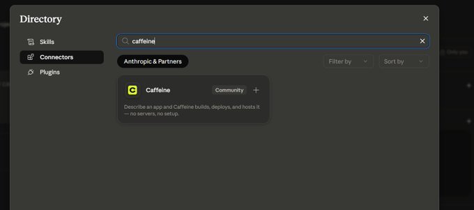 The image shows Claude's Directory interface with a search for "caffeineq" displaying the Caffeine connector (Community) under Anthropic & Partners, illustrating how Caffeine AI can be linked with Claude. This visually supports the post's claim that users can connect Caffeine AI with Claude to build and host applications on ICP.