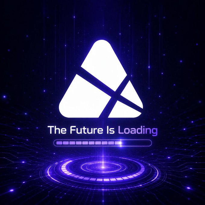 A glowing white triangular logo appears above the text "The Future Is Loading" and a progress bar, set against a futuristic dark blue and purple digital background with a circular loading interface and starry lights, visually reinforcing the post's #PXNetwork message about building the next phase of Web3 step by step.