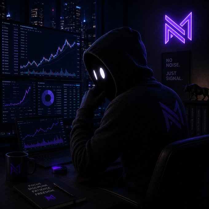 A hooded figure with glowing white eyes sits at a desk facing monitors displaying financial charts and data, with a purple "N" neon sign and a book titled "FOCUS DISCIPLINE PATIENCE FREEDOM" nearby.