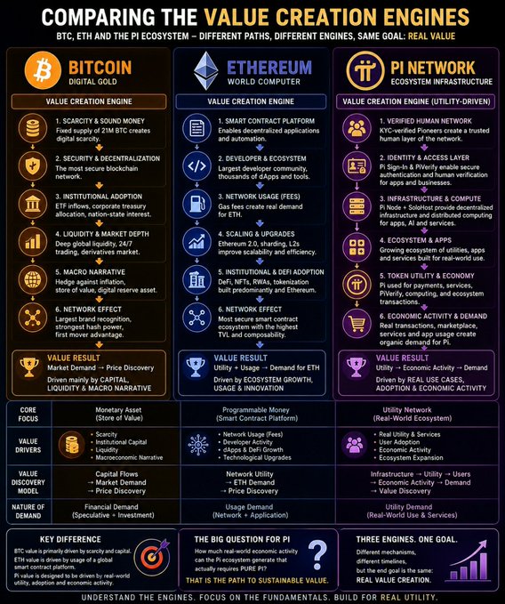 A comparative infographic titled "Comparing the Value Creation Engines" that contrasts Bitcoin (Digital Gold), Ethereum (World Computer), and Pi Network (Ecosystem Infrastructure) across their respective value creation engines, core focus areas, value drivers, value discovery models, and nature of demand. The chart highlights Pi Network's utility-driven model built on verified human networks, identity & access layers, and infrastructure & compute, aligning with the post's message about real-world economic activity driving Pi's demand.