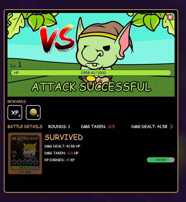 A screenshot from a game battle screen showing a green goblin-like character with 'ATTACK SUCCESSFUL', HP at 2958.42/3000, and rewards of 9 XP and 4 gold coins.