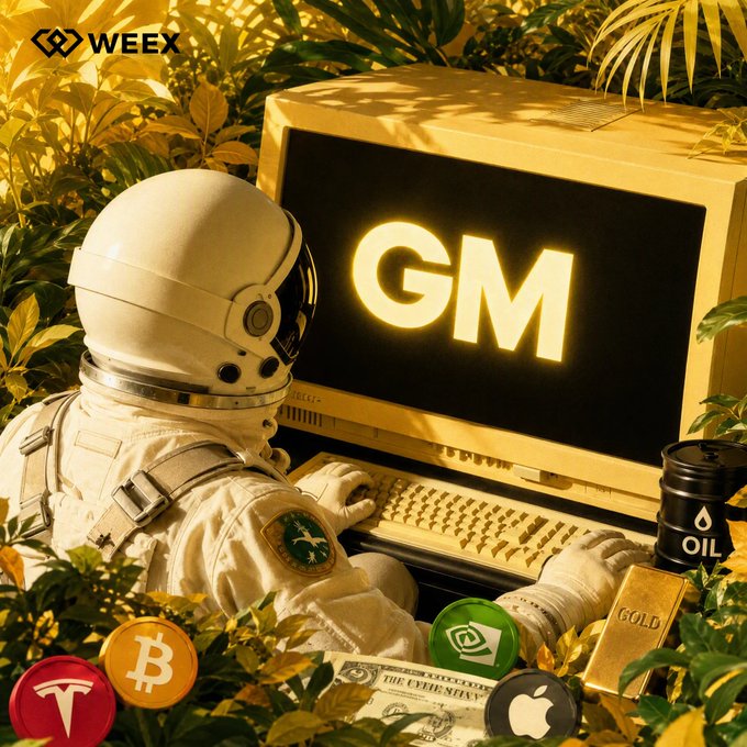 An astronaut types "GM" on a retro computer monitor, surrounded by lush foliage and trading icons like Bitcoin, Tesla, Nvidia, Apple, gold bars, oil, and US currency, with the WEEX logo in the corner—capturing the crypto community's daily "Good Morning" greeting alongside a visual buffet of popular market assets.