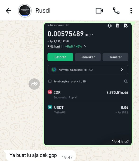 A 0.00575489 BTC balance is shown, equivalent to Rp 9,991,172.06, as Rusdi transfers funds via the Tokocrypto app. This shows Rusdi's generous act of buying diapers for the poster's child.