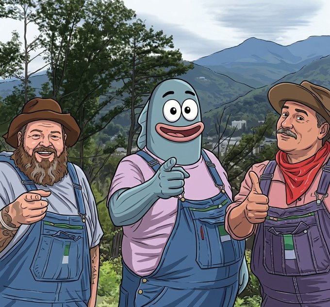 An AI-generated cartoon-style image showing three figures in overalls standing in a mountainous landscape; the central figure is a gray fish-like creature, flanked by two men wearing cowboy hats.