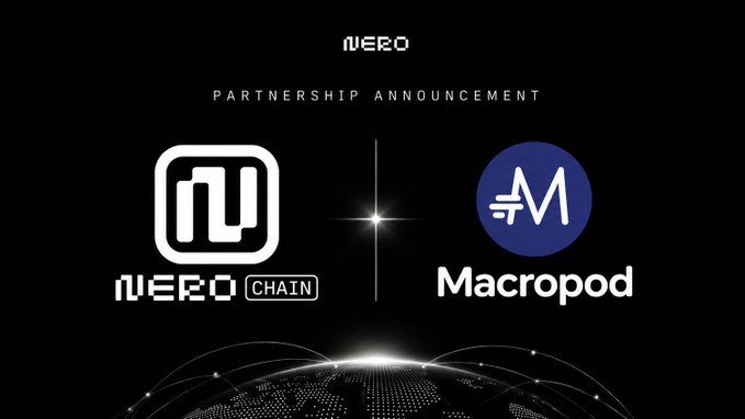 Partnership announcement graphic featuring the Nero Chain logo alongside the Macropod logo against a dark background with a glowing globe at the bottom.