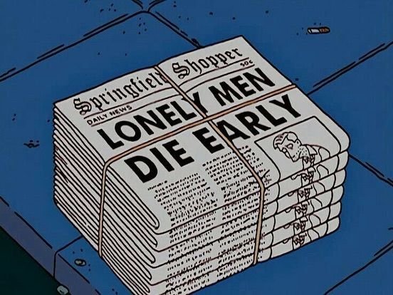 A cartoon-style illustration of a folded newspaper titled 'Springfield Shopper' with a bold headline reading 'LONELY MEN DIE EARLY'.