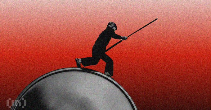 An artistic black silhouette of a figure pushing with a long pole against a stark red gradient background, with a curved, metallic-looking shape in the lower foreground.