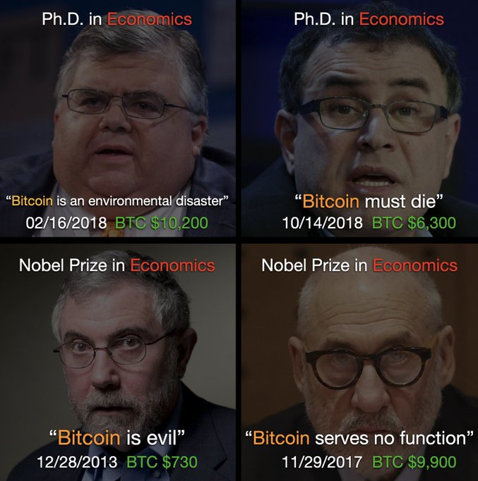 The image is a four-panel meme featuring prominent economists—a Ph.D. and Nobel laureate, alongside a financial pundit—all quoted making negative predictions about Bitcoin at various dates (02/16/2018 at $10,200, 10/14/2018 at $6,300, 12/28/2013 at $730, and 11/29/2017 at $9,900). The caption frames these bearish calls as ironic failures, implying the experts' anti-Bitcoin rhetoric misled investors and caused financial losses as BTC continued to appreciate despite their warnings.