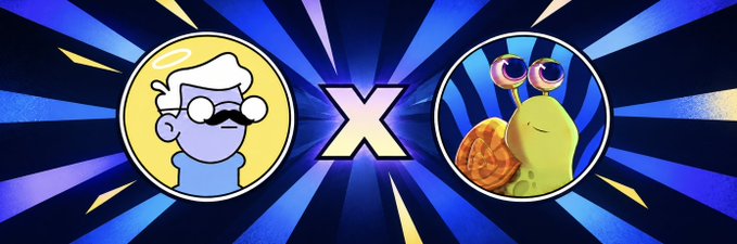 A graphic featuring two illustrated mascot logos—one of a mustached man with glasses and the other a yellow snail wearing sunglasses—flanking an "X" symbol against a radiating starburst background, signaling the collaboration between Heathside and SnailiesNFTs.