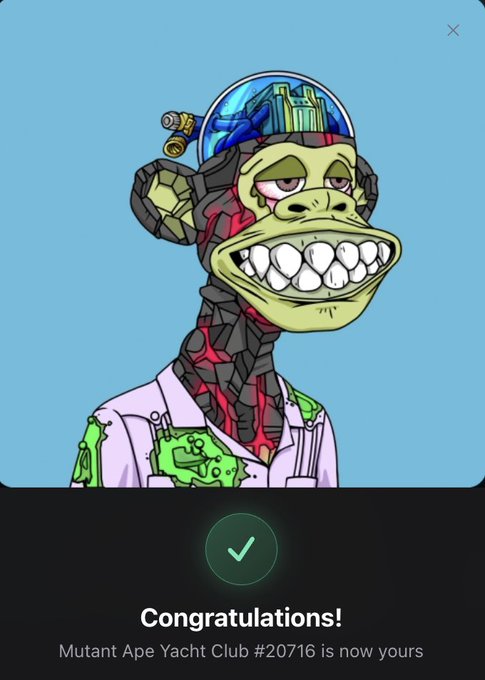 A digital NFT purchase confirmation screen displaying a 'Mutant Ape Yacht Club #20716'. The artwork features a green ape in a lab coat with a dome helmet revealing buildings, with a 'Congratulations!' message at the bottom.