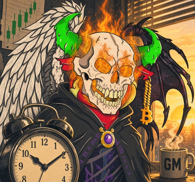 An artistic illustration of a flaming skull with angel wings and demonic horns, surrounded by trading-related items including a candlestick chart, a large vintage clock, a 'GM' coffee mug, and a Bitcoin pendant.
