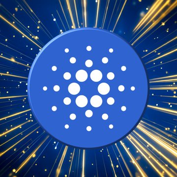The Cardano (ADA) logo, a blue circle with a white dotted pattern, is displayed against a dark blue background with radiating golden light streaks.