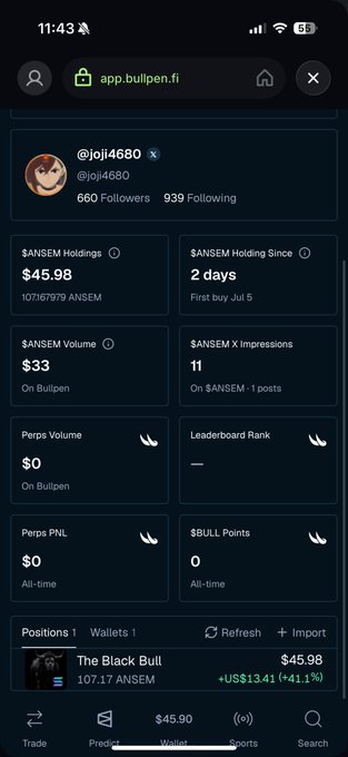 A Bullpen.fi app profile for @joji4680 showing $45.98 in $ANSEM Holdings, 660 followers, and portfolio details including 'The Black Bull' position up 41.1%.