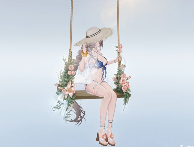 An anime-style illustration of a girl in a white dress and straw sun hat sitting on a wooden swing decorated with pink flowers and greenery against a soft sky background.