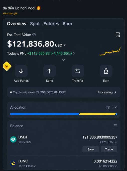 A Binance wallet screenshot showing an 'Est. Total Value' of '$121,836.80 USD' with 'Today's PNL' of '+$112,055.83 (+1,145.65%)', highlighting a USDT balance and a processing crypto withdrawal of '79,998.562678 USDT'.