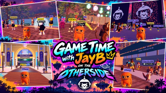 A promotional collage for 'Game Time with JayB on the Otherside' showing various in-game screenshots of avatars in different locations.