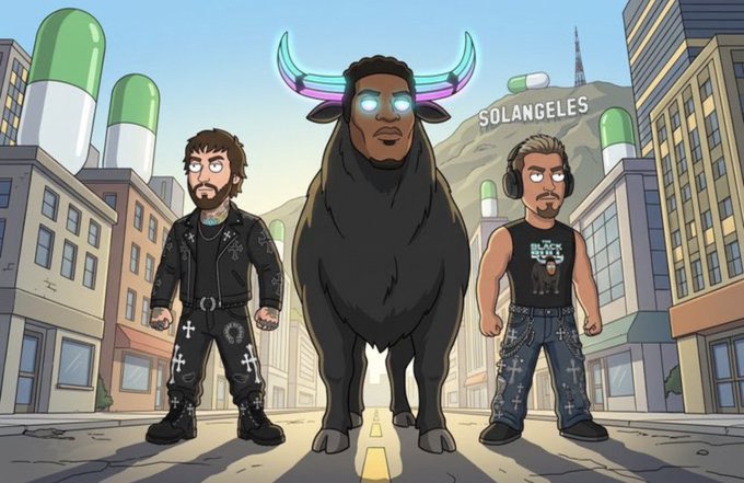A trio of cartoon characters—a bearded man in gothic attire, a glow-eyed bull with neon horns, and a man wearing a "BLACK BULL" shirt—stand in a stylized animated cityscape labeled "SOLANGELES" on the Hollywood Hill-style sign, visually bringing the $SOLANGELES memecoin's animated universe and branding to life as referenced in the post.