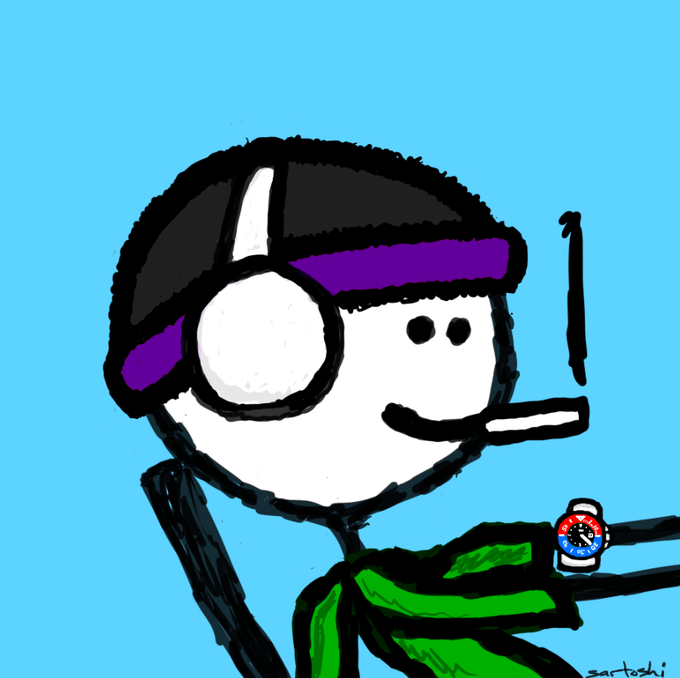 A cartoon stick figure wearing a black and purple beanie and large white headphones, with a cigarette in its mouth, holding a green bag while wearing a wristwatch.