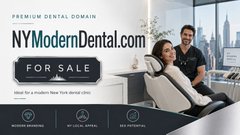 An advertisement for "NYModernDental.com" premium dental domain listed "FOR SALE".
