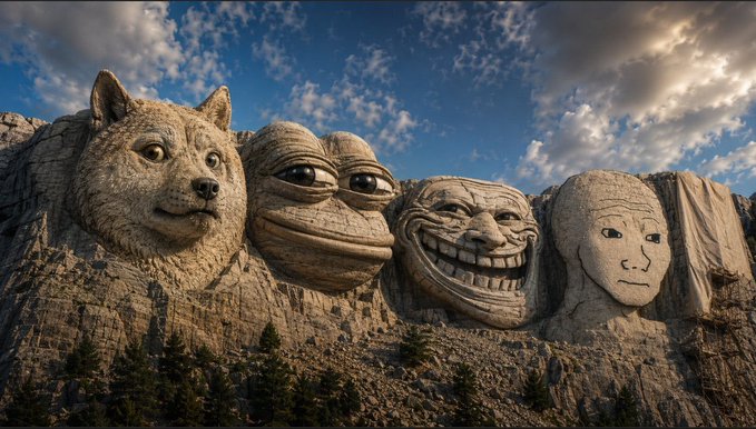 The image is a parody of Mount Rushmore featuring the heads of Doge, Pepe, Trollface, and the "Soyjak" (wojak) face carved into a mountainside under a dramatic sky. 

It ties into the post's message by replacing the traditional U.S. presidents with internet meme icons—including the "wojak" face—visually reinforcing the call for Chinese-speaking crypto community members to rally around the $wojak token and "transform into Laserjak."