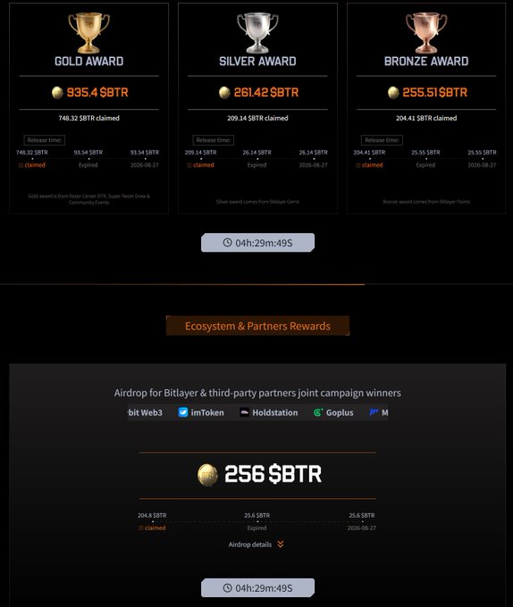 A digital rewards dashboard displaying Gold Award (935.4 $BTR), Silver Award (261.42 $BTR), and Bronze Award (255.51 $BTR) trophies, along with an Ecosystem & Partners Rewards section showing a 256 $BTR airdrop for bit Web3, imToken, Holdstation, Goplus, and M.