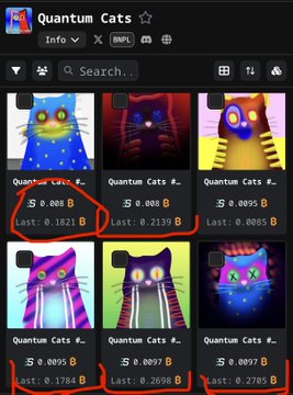 Screenshot of a Telegram channel called 'Quantum Cats' displaying a grid of NFT cat images with prices in BTC.