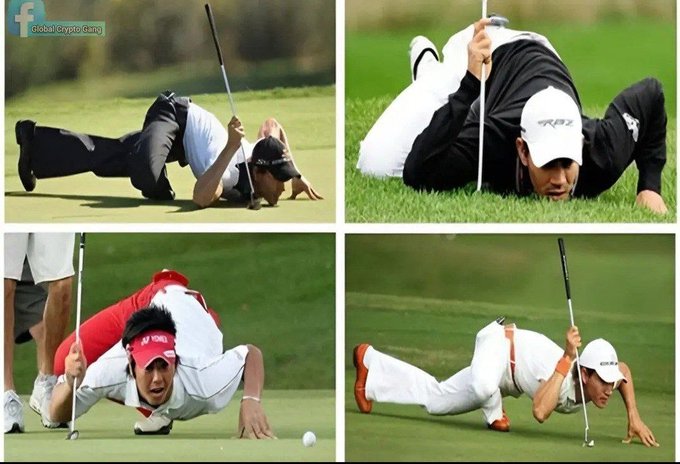A four-panel collage of golfers lying flat on the ground on the green, apparently having tripped or fallen while playing, with a "Global Crypto Gang" watermark in the top left corner.