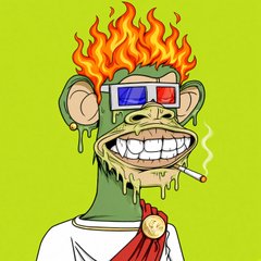 A cartoon monkey character with flaming red hair, 3D glasses, a toothy grin, and a cigarette is displayed on a bright green background, evoking the Bored Ape Yacht Club (BAYC) NFT aesthetic referenced in the "GM CT" post. The image aligns with the post's playful crypto community greeting and hashtags #BAYC and #MAYC.