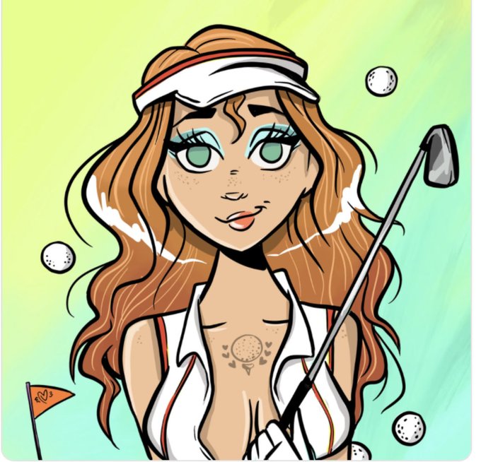 A cartoon-style digital illustration of a female golfer with brown hair, green eyes, and freckles, wearing a white visor and red-striped golf outfit, holding a golf club with floating golf balls around her.