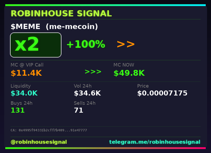 A "ROBINHOUSE SIGNAL" crypto graphic displays a "$MEME (me-mecoin)" token with an "x2" multiplier, showing market cap increasing from "$11.4K" to "$49.8K" with a price of "$0.00007175" and a Telegram link.