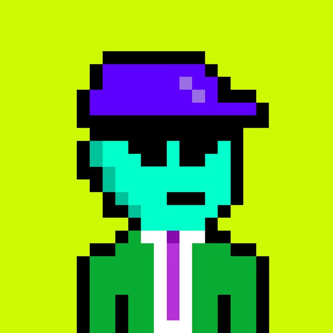 Pixel art illustration of a green-skinned character wearing a purple hat, green suit jacket, and purple tie against a bright yellow background.